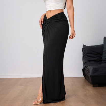 Women’s Midi Skirt – High Waist – Draped Fit – Ruched Waist – Front Slit Elegance