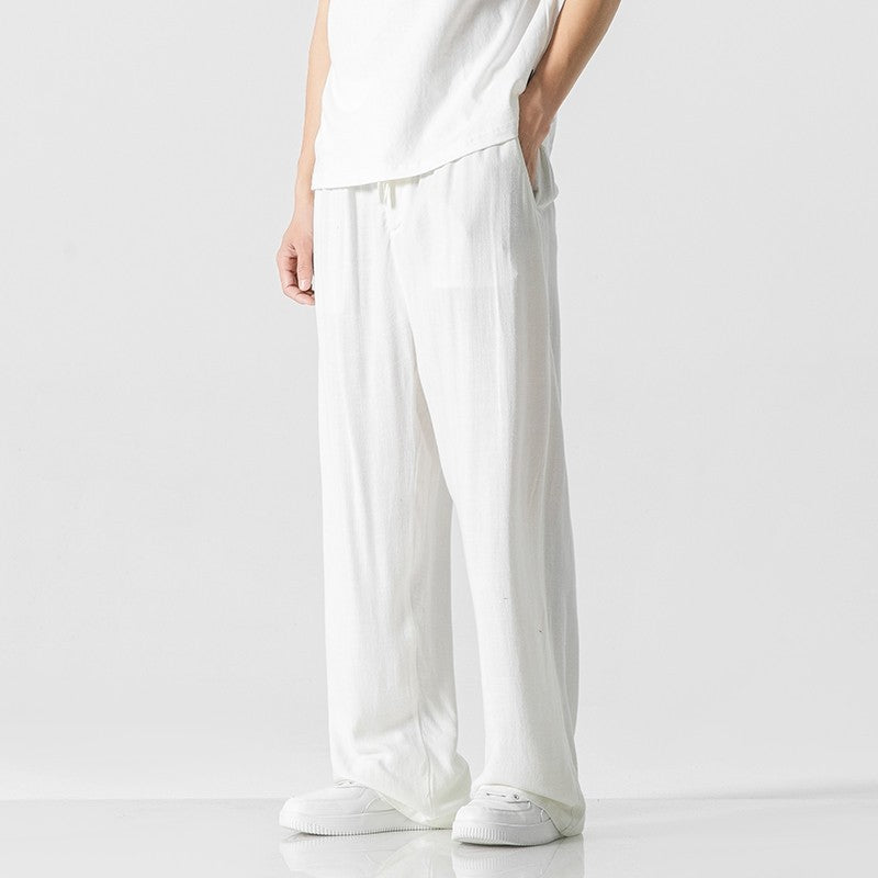 Men’s Casual Trousers – Linen Blend – Loose Fit – Full Length – Drawstring Waist
