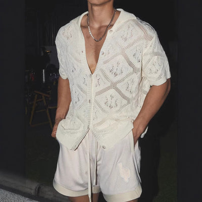 Men’s Knit Cardigan – Oversized Fit – Soft Knit – V-Neck – Short Sleeve – Button Front