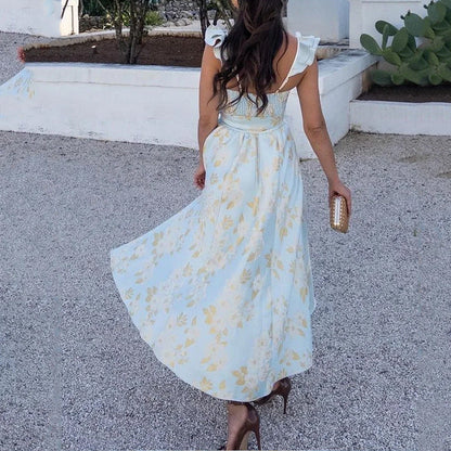 Women’s Maxi Dress – Floral Print – Sweetheart Neckline – Tie Straps – Cotton A-Line