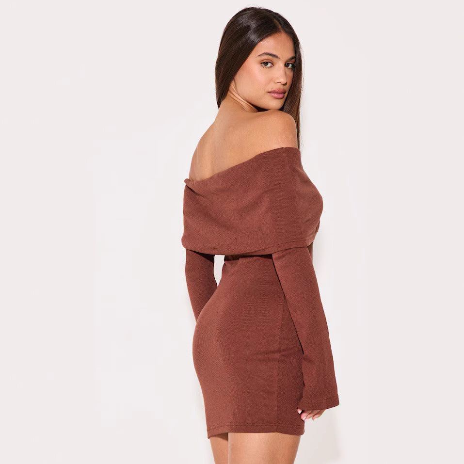 Women’s Off-Shoulder Dress – Slim Fit – Ribbed Knit – A-Line Mini – Button Front