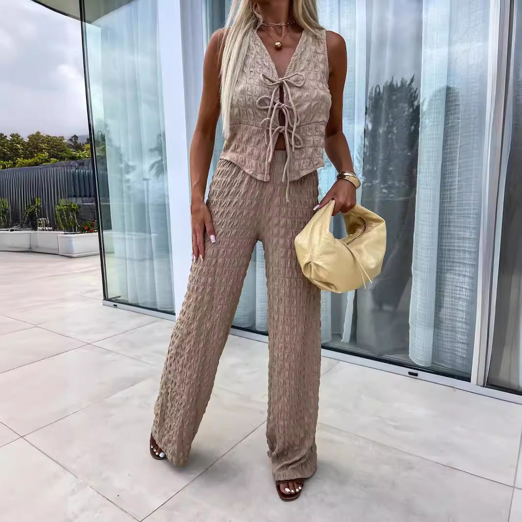 Women’s Sleeveless Top and Pants Set – Crinkled Texture – V-Neck Tie Front – Relaxed Fit
