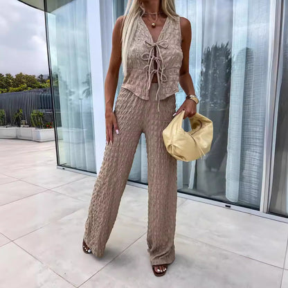 Women’s Sleeveless Top and Pants Set – Crinkled Texture – V-Neck Tie Front – Relaxed Fit