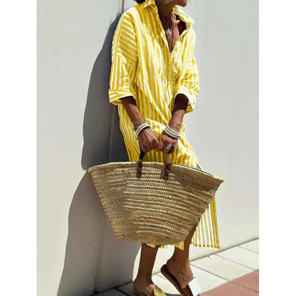 Women’s Shirt Dress – Relaxed Fit – Cotton Blend – Geometric Print – Button Down – Midi Length