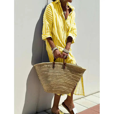 Women’s Shirt Dress – Relaxed Fit – Cotton Blend – Geometric Print – Button Down – Midi Length