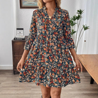 Women’s Midi Dress – Floral Print – A-Line Fit – V-Neck – 3/4 Flare Sleeve – Cotton