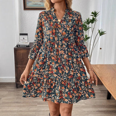 Women’s Midi Dress – Floral Print – A-Line Fit – V-Neck – 3/4 Flare Sleeve – Cotton