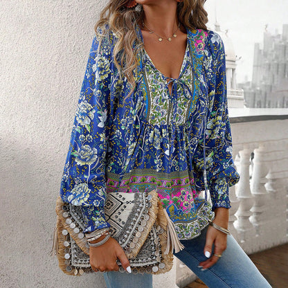 Women’s Blouse – Lightweight Rayon – Relaxed Fit – Tie Neck – Boho Print – Long Sleeve