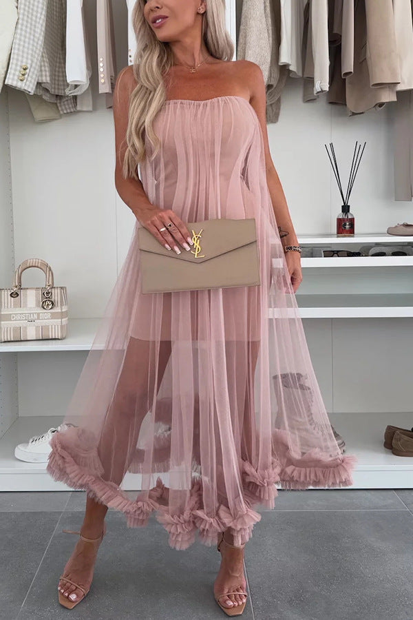 Women’s Midi Dress – Strapless A-Line – Tulle Overlay – Ruffle Hem – Loose Fit