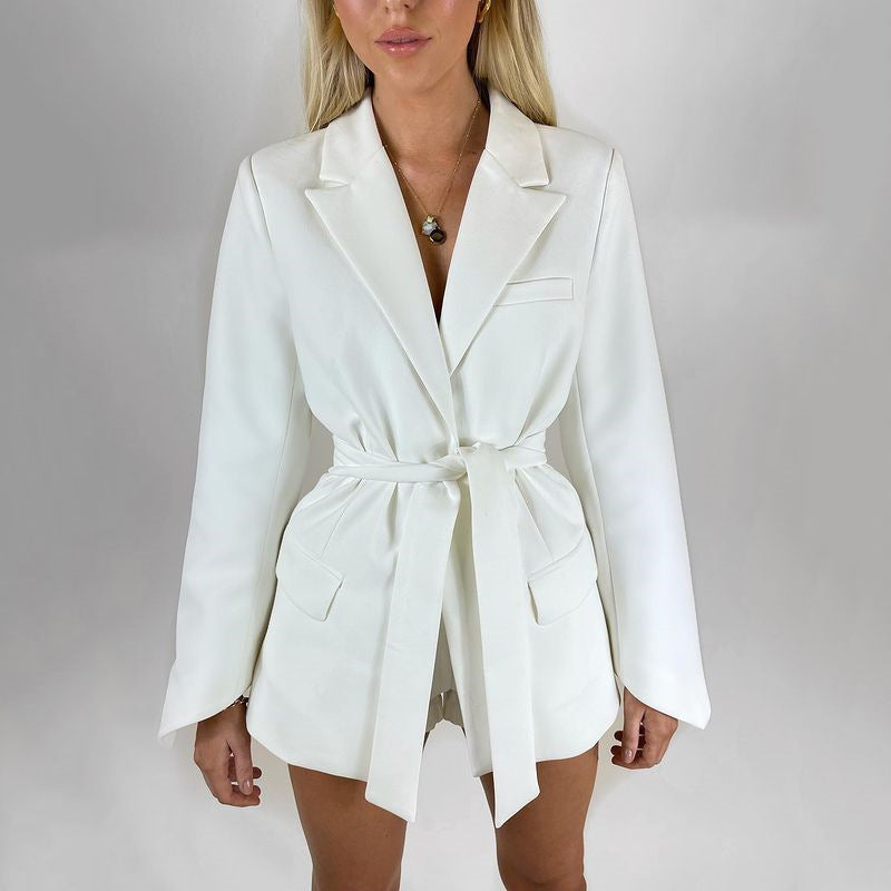Women’s Blazer – Longline Tailored Fit – Self-Tie Waist – Notched Lapel – Flap Pockets