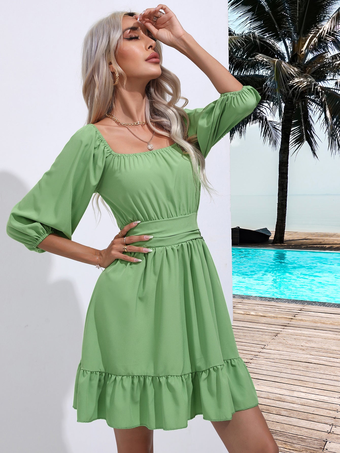 Women’s Fit and Flare Dress – Square Neck – Puff Sleeve – Ruffle Hem