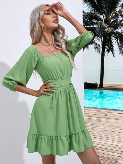 Women’s Fit and Flare Dress – Square Neck – Puff Sleeve – Ruffle Hem