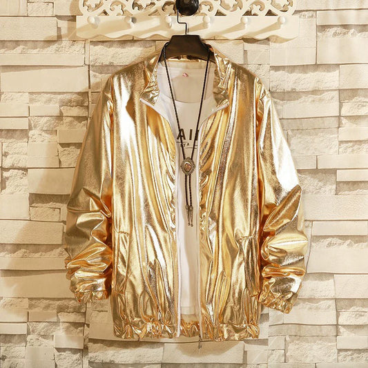 Men’s Jacket – Glossy Finish – Loose Fit – Collarless Zip-Up – Streetwear Style