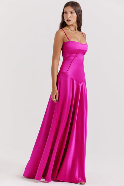 Women’s Evening Gown – Satin A-Line – Spaghetti Straps – Cut-Out Waist – Full Length