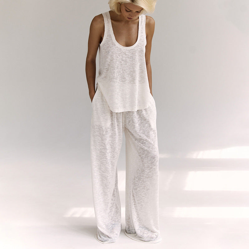 Women’s Loungewear Set – Soft Jersey – Twist-Front Crop Top – Wide-Leg Trousers
