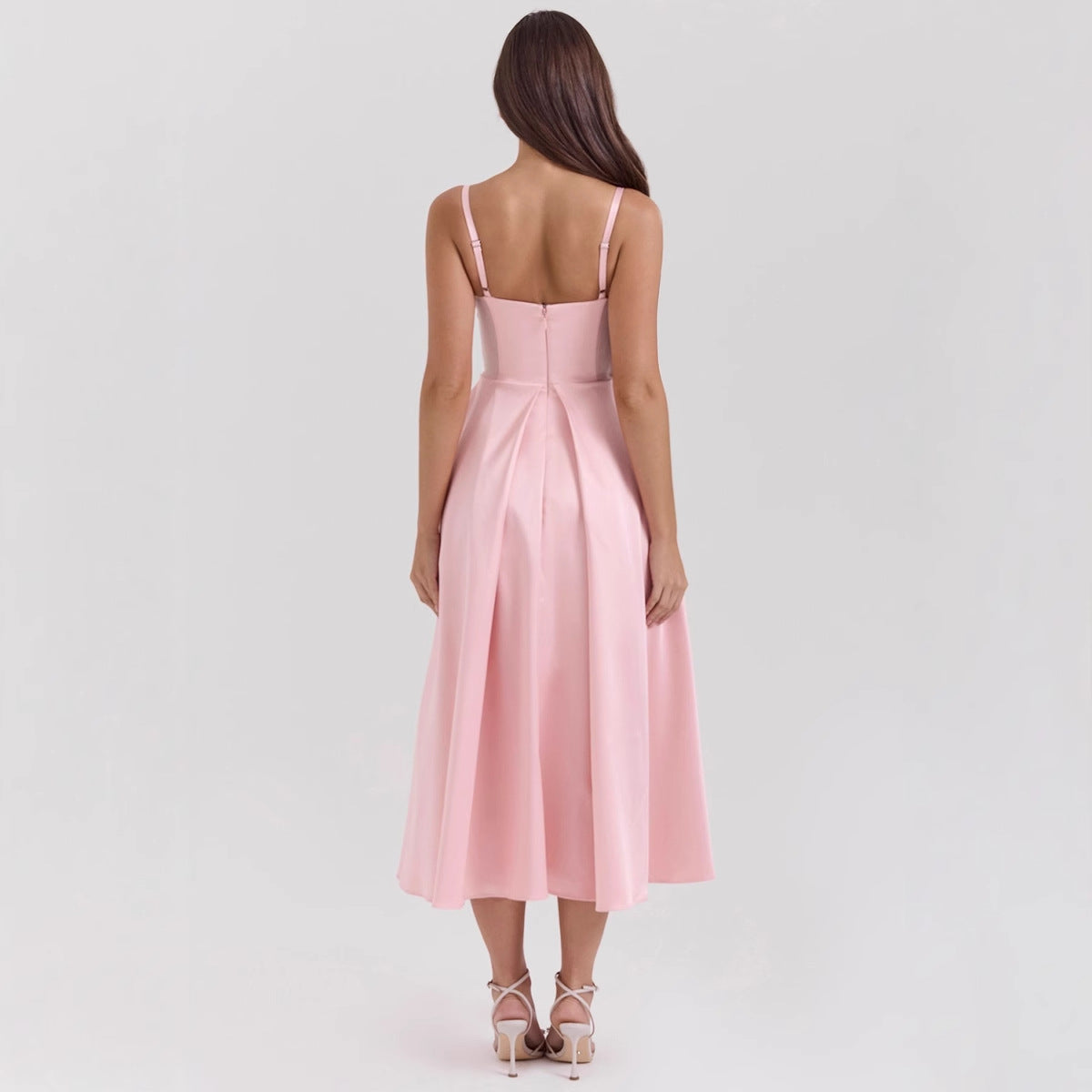 Women’s Satin Dress – V-Neck – Spaghetti Straps – Fitted Bodice – A-Line Midi Skirt