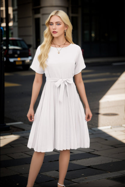 Women's Midi Dress - Short Sleeve - Tie Waist - Pleated Skirt