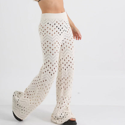 Women’s Knit Two-Piece Set – Open Front Short Sleeve Top – Wide Leg High Waist Trousers