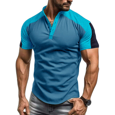 Men’s Short Sleeve Shirt – Slim Fit – Cotton – Collarless Button-Up – Contrast Sleeves