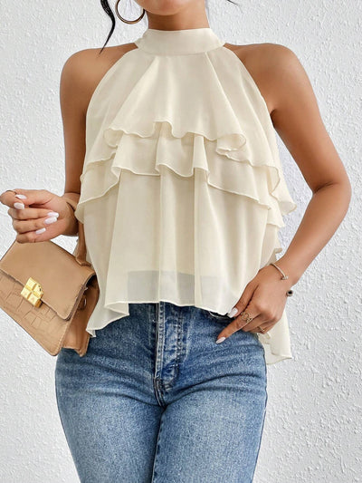 Women's Sleeveless Halter Ruffle Layered Top - Elegant Casual Blouse