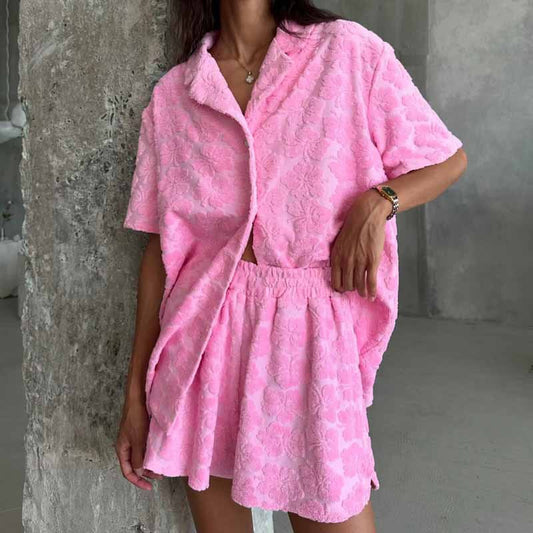 Women’s Pajama Set – Soft Knit Jacquard – Relaxed Fit – Button-Up Top & Elastic Shorts