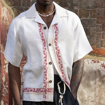 Men’s Short Sleeve Shirt – Relaxed Fit – Linen Blend – Embroidered Casual Button-Up