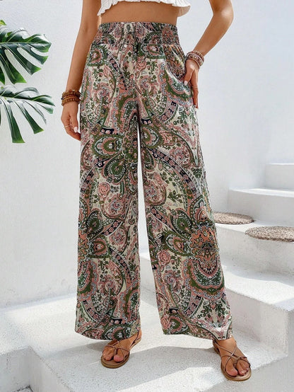 Women’s Wide-Leg Trousers – Relaxed Fit – Elastic Waist – Breathable Blend – Boho Print