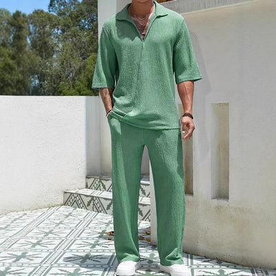 Men’s Casual Set – Textured Lightweight Fabric – Relaxed Fit – Half-Zip Shirt & Trousers