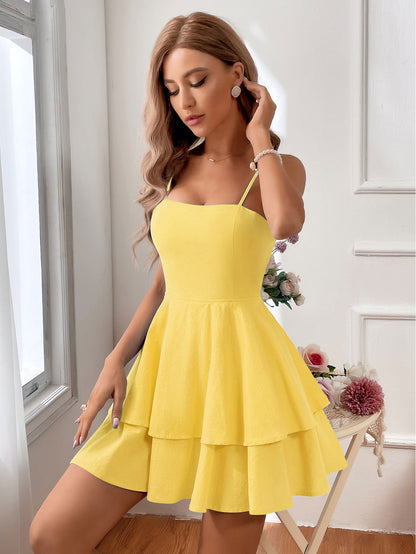 Women’s Sleeveless Mini Dress – Fitted Bodice – Tiered A-Line Skirt – Backless Strappy
