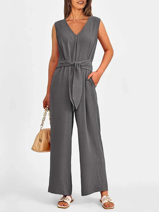 Women’s Jumpsuit – Wide Leg – V-Neck – Waist Tie – Sleeveless Elegant Fit