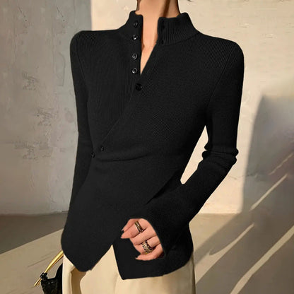 Women’s Knit Top – Slim Fit – High Neck – Asymmetric Hem – Long Sleeve – Button Detail