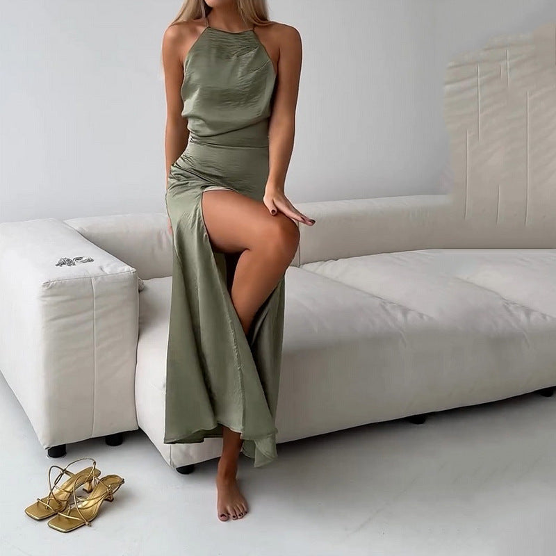 Women’s Maxi Dress – Halter Neck – Slim Fit – Silky Fabric – High Slit – Open Back