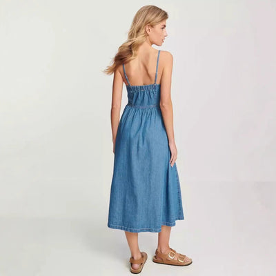 Women’s Midi Dress – Denim – A-Line Fit – Spaghetti Straps – Elastic Back Casual Wear