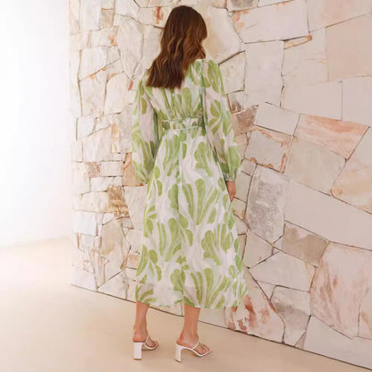 Women’s Long Dress – Chiffon – Floral Print – V-Neck – Relaxed Fit – Long Sleeve