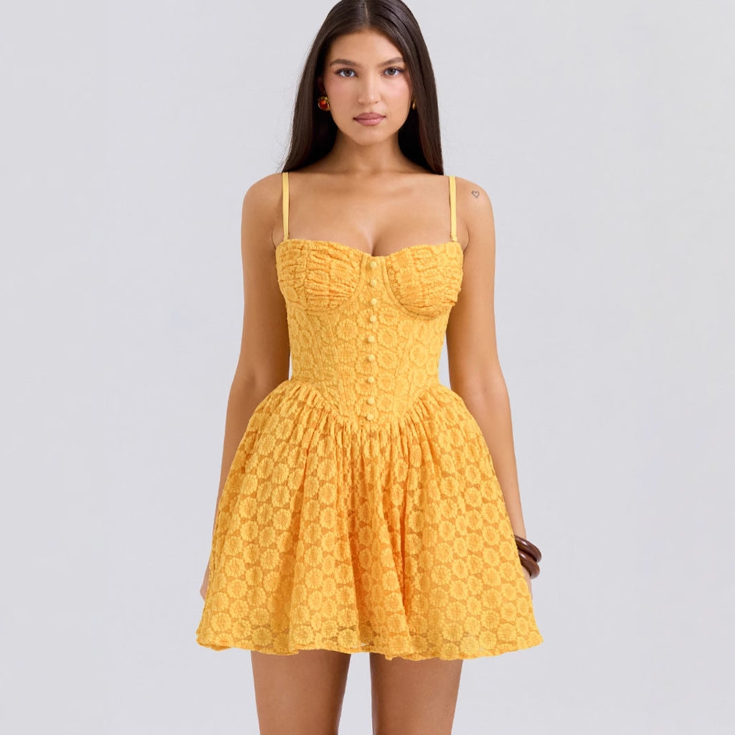 Women’s Mini Dress – Lace Jacquard – A-Line Fit – Sweetheart Neck – Spaghetti Straps