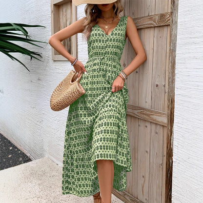 Women’s Midi Dress – Sleeveless – V-Neck – Bohemian Print – Tie Waist – Flowy Fit