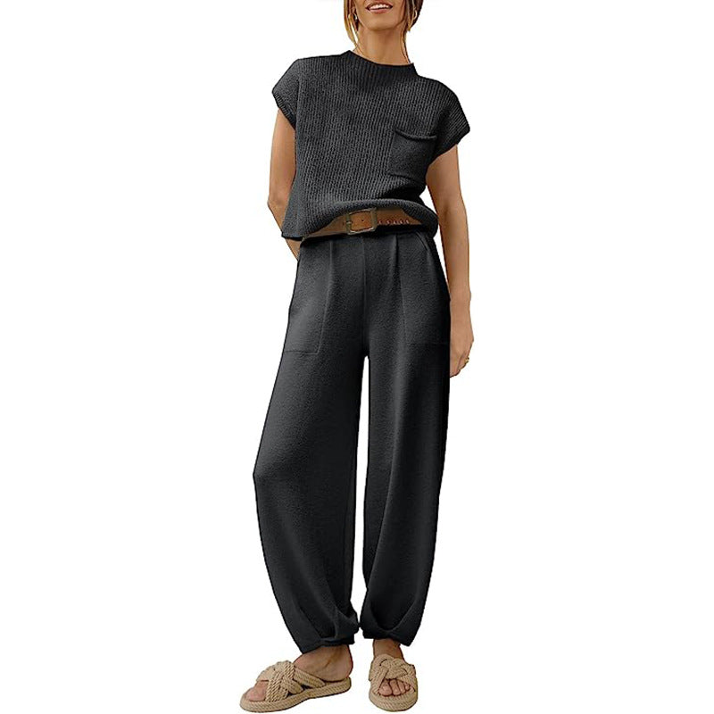 Women’s Knit Sweater Set – Short Sleeve Cropped Top – High Waist Wide Leg Trousers