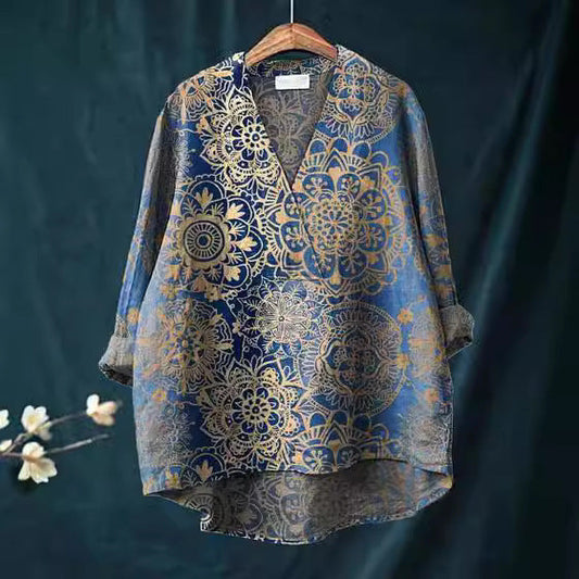 Women’s Long Sleeve Shirt – Relaxed Fit – V-Neck – Digital Print