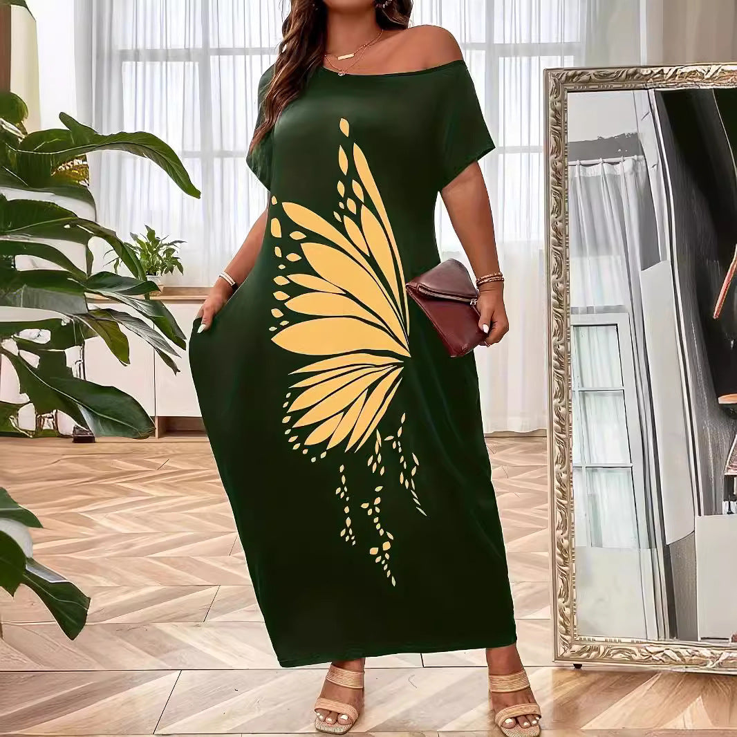 Women’s Maxi Dress – Off Shoulder – Relaxed Fit – Jersey Feel – Butterfly Print