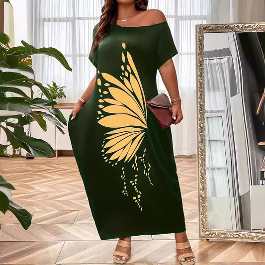 Women’s Maxi Dress – Off Shoulder – Relaxed Fit – Jersey Feel – Butterfly Print