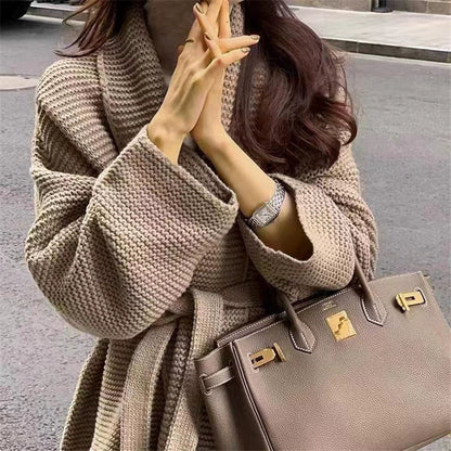 Women’s Cardigan – Chunky Knit – Oversized Fit – Waist Tie – Mid-Length Wool Layer