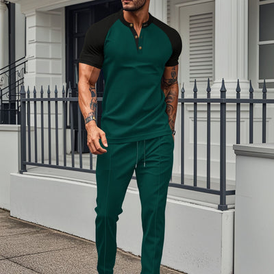 Men’s Two-Piece Set – Short-Sleeve Shirt – Color Block – Athletic Fit – Stand Collar – Stretch Fabric