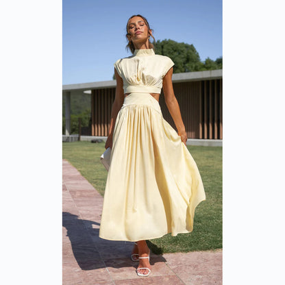 Women's Summer Stand Collar Mid Dress - Waist-Baring Design - Macaron Color