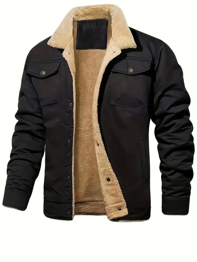 Men’s Sherpa-Lined Jacket - Button Up - Wide Collar - Warm Casual Outerwear