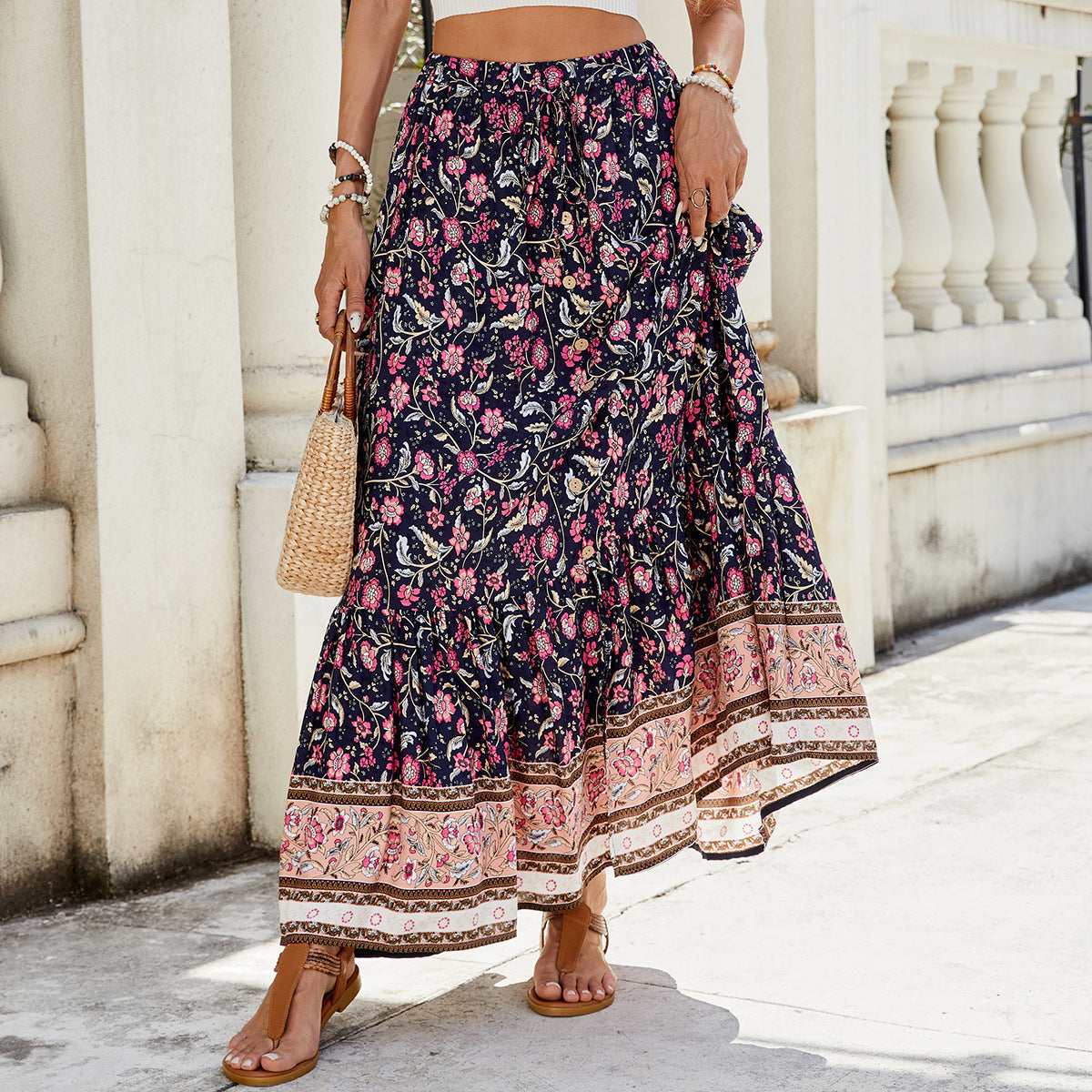 Women’s Maxi Skirt – Relaxed Flowy Fit – Tiered Boho Style – Floral Print – Natural Fibers