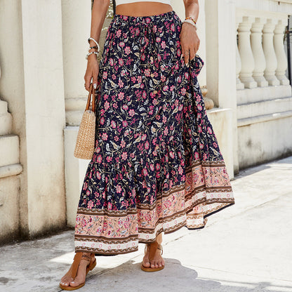 Women’s Maxi Skirt – Relaxed Flowy Fit – Tiered Boho Style – Floral Print – Natural Fibers