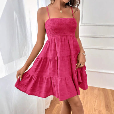 Women’s Short Dress – Smocked Bodice – Sleeveless A-Line – Tiered Cotton Casual Wear