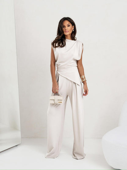 Women’s Two-Piece Pantsuit – Draped Sleeveless Top – High-Waist Wide-Leg Fit