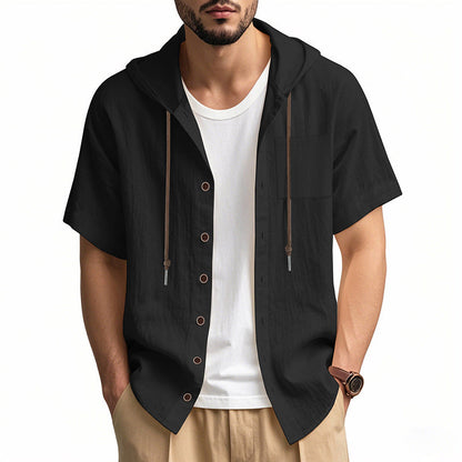 Men’s Hooded Shirt – Linen Blend – Relaxed Fit – Short Sleeve – Button-Up Casual Top