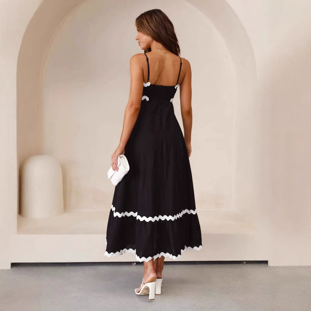 Women’s Maxi Dress – A-Line Fit – Lightweight Cotton – Spaghetti Straps – Boho Trim